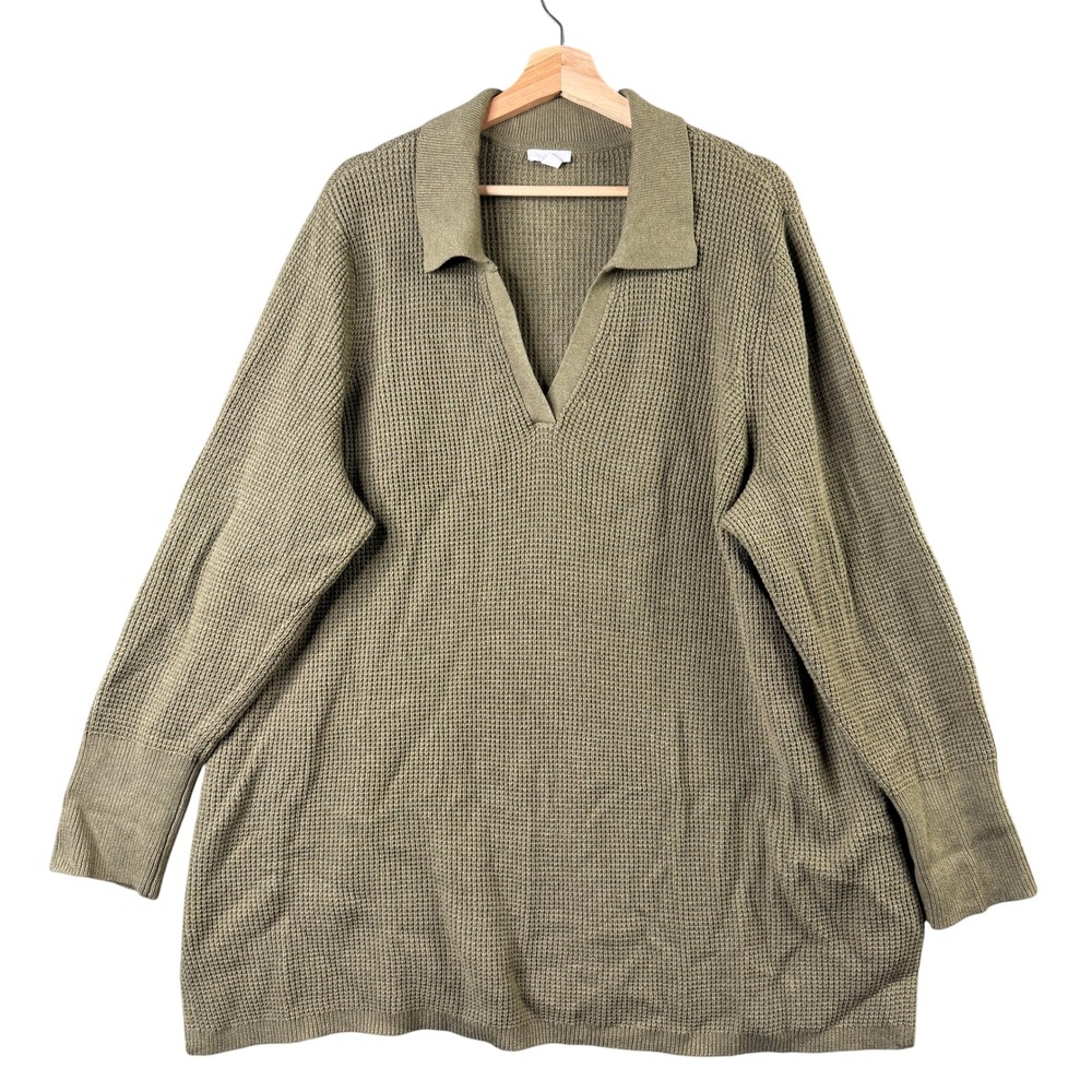J. Jill Womens Size 2X Olive Green‎ Waffle Knit Split Neck Collared Sweater
